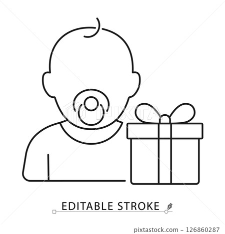 Baby icon with pacifier and gift box in minimal black outline style on white background. Editable stroke vector for baby shower, newborn celebration, birthday or family event. Concept: baby gift. 126860287