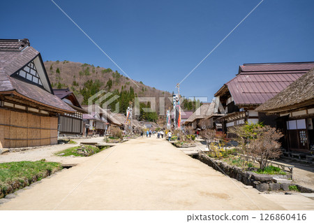 Ouchijuku under clear skies in spring, Shimogo Town, Fukushima Prefecture 126860416