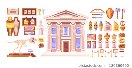 History museum elements set with building construction facade and ancient artifacts for exhibition 126860490