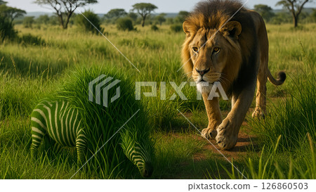 Can you spot it? A lion staring intently at a zebra disguised as grass 126860503