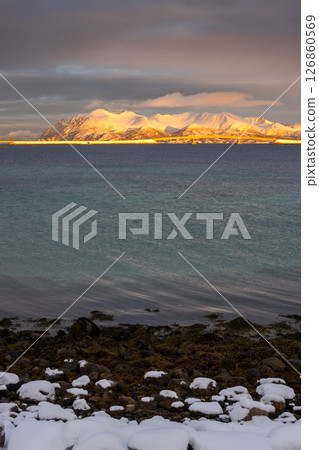 Norwegian sea and moutains in the sunrise, Norway 126860569