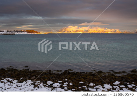 Norwegian sea and moutains in the sunrise, Norway 126860570