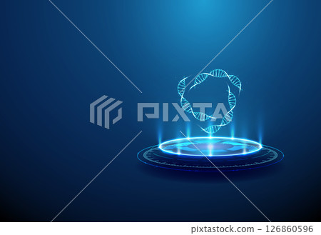 DNA helices on futuristic podium with neon lighting, light beams. Gene therapy, pharmacogenetics, biotech innovation, nanotechnology medicine concept 126860596