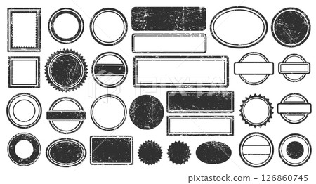 Stamps frames vector icon shape set. Stamp grunge ink rubber labels sign collection. Isolated on white background. Black round and square stamp border pack. 126860745