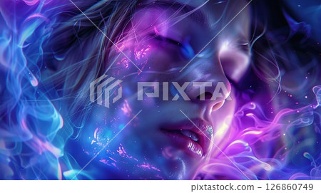 Girl's face. Mysterious girl in a neon haze. Mysterious face. generative ai. 126860749