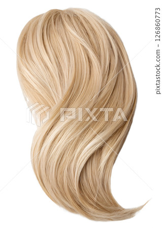 Blonde hair waves isolated on transparent background, flowing golden locks, soft wavy texture, beauty and haircare concept 126860773