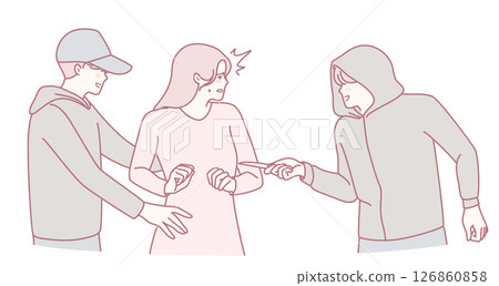 In a city, two men confront an unfortunate woman caught in a troubling situation In a city, two men confront an unfortunate woman caught in a troubling situation 126860858