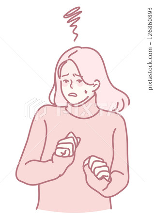 An anxious woman displaying nervous gestures, demonstrating feelings of concern and tension 126860893