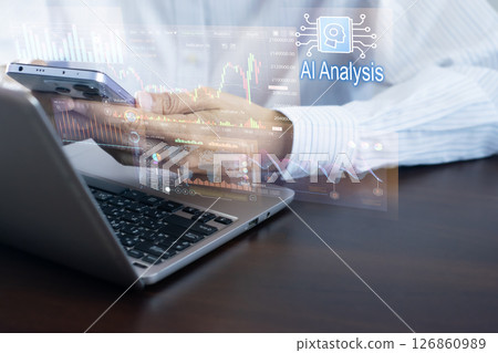An analyst uses a computer and dashboard for data business analysis and Data Management System, Customers database, gather information to report. Data science technology and digital marketing 126860989