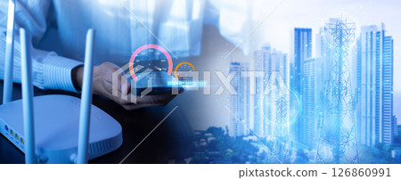 Fast internet connection speedtest bandwidth network technology, Man using Internet high speed by smartphone 5G quality, speed optimization. 126860991