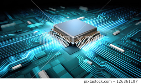 Cybersecurity technology concept with central microchip glowing on digital circuit board representing data protection 126861197