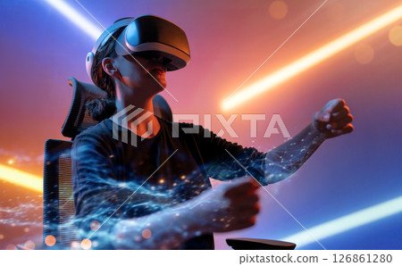 Woman with VR virtual reality goggles Woman with VR virtual reality goggles 126861280