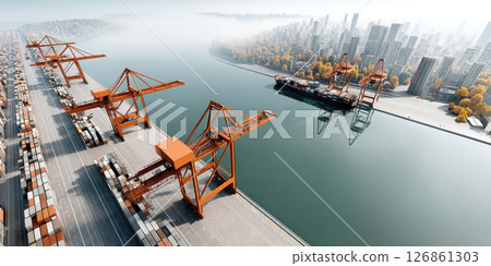 Aerial view of modern shipping port with large cranes, cargo containers, and city skyline in autumn, showing busy industrial activity 126861303