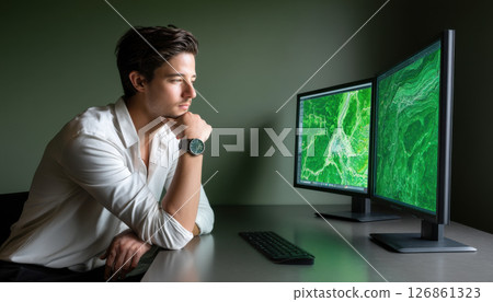 Young man in white shirt analyzing satellite images on dual monitors, focused and thoughtful in modern office setting 126861323