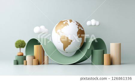 Eco friendly concept with globe, green wave, tree, and abstract columns, symbolizing sustainability and environmental protection 126861336