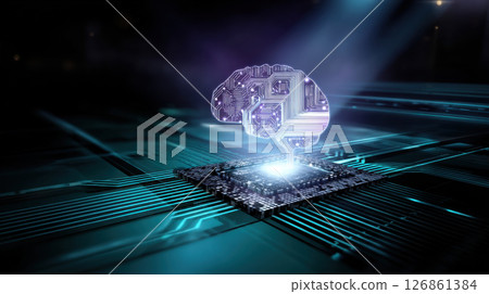 Artificial intelligence brain with circuit pattern glows above microchip symbolizing cybersecurity technology innovation and digital protection 126861384