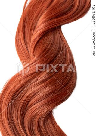 Isolated strand of vibrant red hair on transparent background, natural curl detail, realistic texture, beauty and haircare concept 126861402