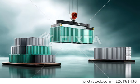 Efficient logistics import strategies are shown with shipping containers being moved in modern port under dramatic sky 126861436