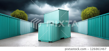 Efficient logistics import strategies are showcased with turquoise shipping containers under dramatic sky highlighting modern transport 126861467