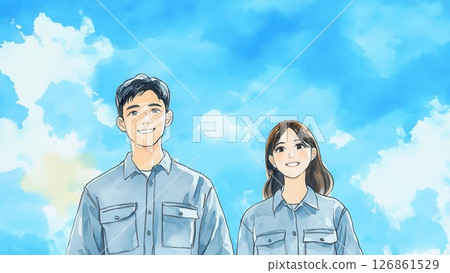 穿著工作服的年輕男女插圖,明亮的藍天背景素材_1 穿著工作服的年輕男女插圖,明亮的藍天背景素材_1 126861529