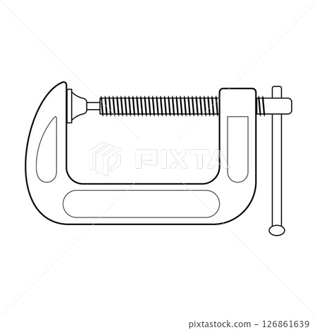 G-Clamp Industrial Tool with Screw Mechanism Outline Vector Illustration. A detailed of the clamp, highlighting its curved frame, threaded screw mechanism, swivel pad and handle bar for tightening. 126861639