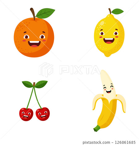 Cartoon illustration of various fruit characters including banana, orange, lemon, and cherry with smiling faces and limbs Cartoon illustration of various fruit characters including banana, orange, lemon, and cherry with smiling faces and limbs 126861685