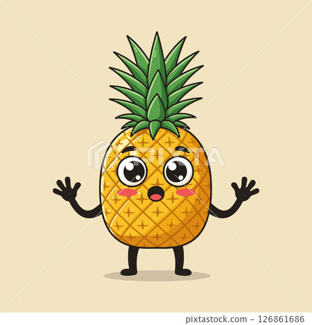A flat vector cartoon pineapple character with big eyes and hands A flat vector cartoon pineapple character with big eyes and hands 126861686