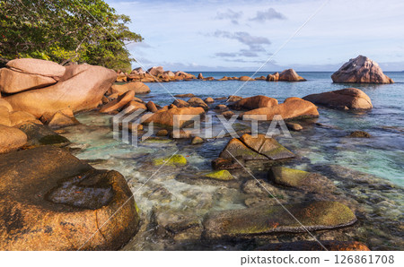 Anse Lazio, Praslin, Seychelles. Beautiful rocky coastline with clear water 126861708