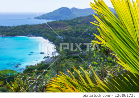 Anse Lazio beach, Praslin island, Seychelles. Aerial view Anse Lazio beach, Praslin island, Seychelles. Aerial view 126861723