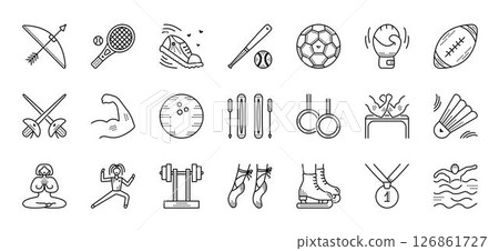 Types of sports, black line sign set. 21 vector icons made in 300x300 px size 126861727