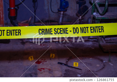 Forensic Crime Scene Investigation with Bloodstains and Numbered Markers Forensic Crime Scene Investigation with Bloodstains and Numbered Markers 126861755
