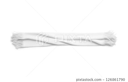 Blank white knitted scarf with fringe, isolated, ai generated 126861790