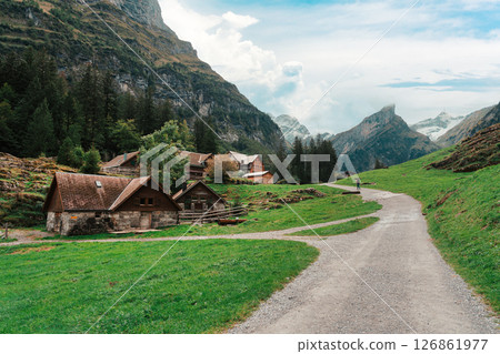 Rustic village in Alpstein mountain range between trail to Seealpsee at Appenzell, Switzerland 126861977