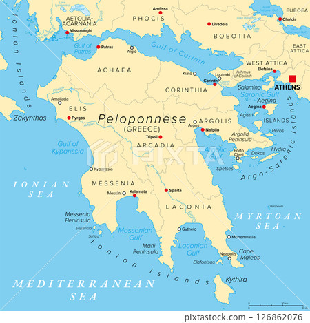 Peloponnese, a peninsula and geographic region in Southern Greece. Political map with regional units and their seats. Southernmost region of the Balkans, also known as Peloponnesus or Morea. Vector 126862076