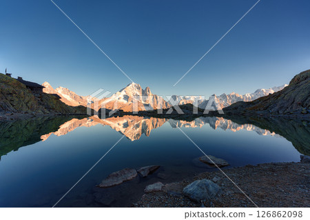 Landscape of Lac Blanc with Mont Blanc massif on sunny day at Chamonix, France Landscape of Lac Blanc with Mont Blanc massif on sunny day at Chamonix, France 126862098