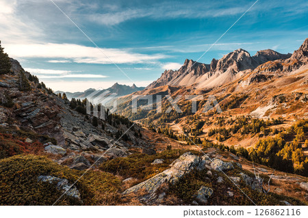 Rocky mountain summit in autumn wilderness at Claree Valley, France 126862116