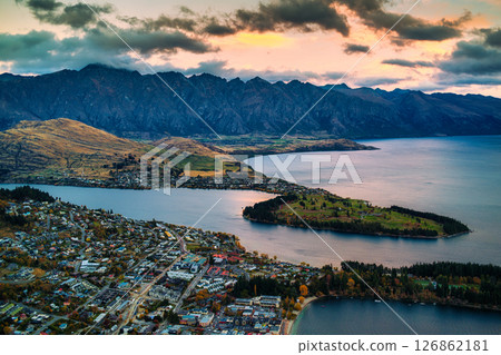 Scenic of Queenstown with Lake Wakatipu during autumn in the evening at New Zealand 126862181