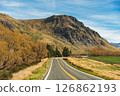 Scenic rural road trip with mountain and yellow tree during autumn at New Zealand 126862193