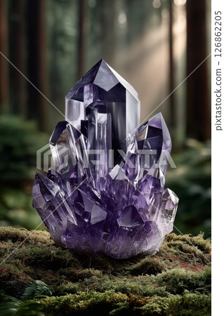 Amethyst stone in the forest, natural cluster on the moss 126862205