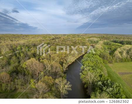 Bourbeuse River near Rosebud, Missouri in springtime scenery, aerial view Bourbeuse River near Rosebud, Missouri in springtime scenery, aerial view 126862302