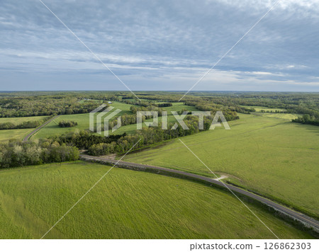 Missouri countryside along the Bourbeuse River new Rosebud, springtime aerial view Missouri countryside along the Bourbeuse River new Rosebud, springtime aerial view 126862303