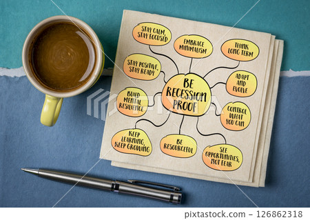 Be recession-proof, financial resilience, adaptability, and preparedness to weather economic downturns. Infographics sketch. Be recession-proof, financial resilience, adaptability, and preparedness to weather economic downturns. Infographics sketch. 126862318