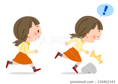A female elementary school student runs and trips over a stone 126862343