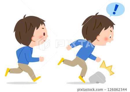A male elementary school student runs and trips over a stone 126862344