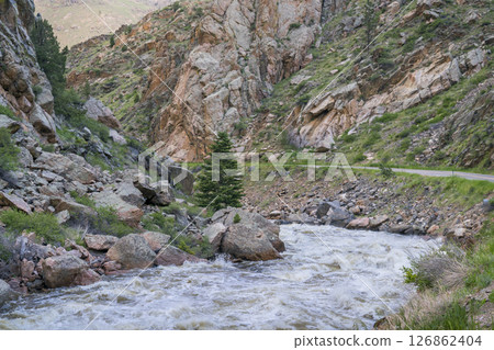Cache la Poudre River in canyon narrows above Fort zCollins, Colorado Cache la Poudre River in canyon narrows above Fort zCollins, Colorado 126862404