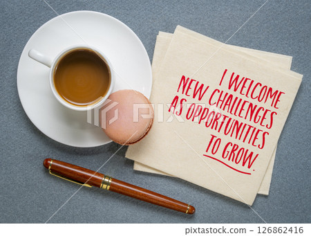 I welcome new challenges as opporutnities to grow - positive affirmation on a napkin with coffee 126862416