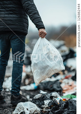 man hand hold trash bag to go to throw in the bin.save ecology concept. Close up man hand hold trash bag to go to throw in the bin.save ecology concept. Close up 126862444
