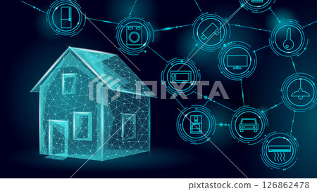Smart home automation technology concept. Connected devices system futuristic digital design. IoT security convenience energy efficiency. Dark teal background glowing line vector Smart home automation technology concept. Connected devices system futuristic digital design. IoT security convenience energy efficiency. Dark teal background glowing line vector 126862478