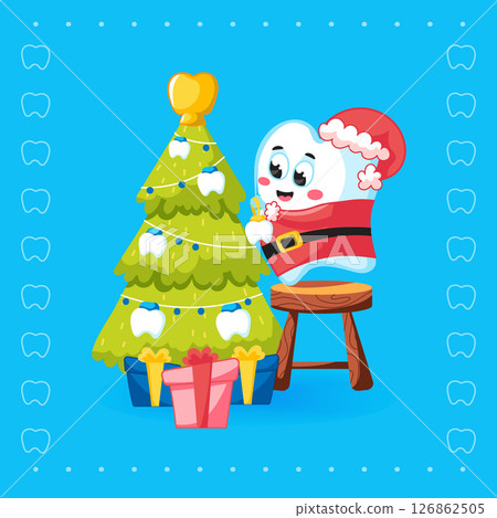 Cute Tooth Santa Decorating Christmas Tree with Golden Garland Cute Tooth Santa Decorating Christmas Tree with Golden Garland 126862505
