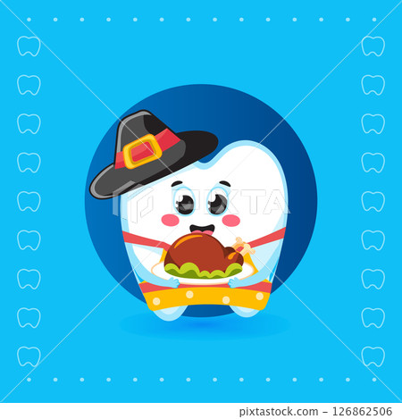 Cute Tooth Character Holding Thanksgiving Turkey 126862506
